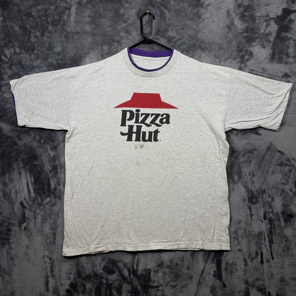 Pizza Hut Graphic T-Shirt Mens XL Grey Fair Double Collar Retro Fast Food Logo